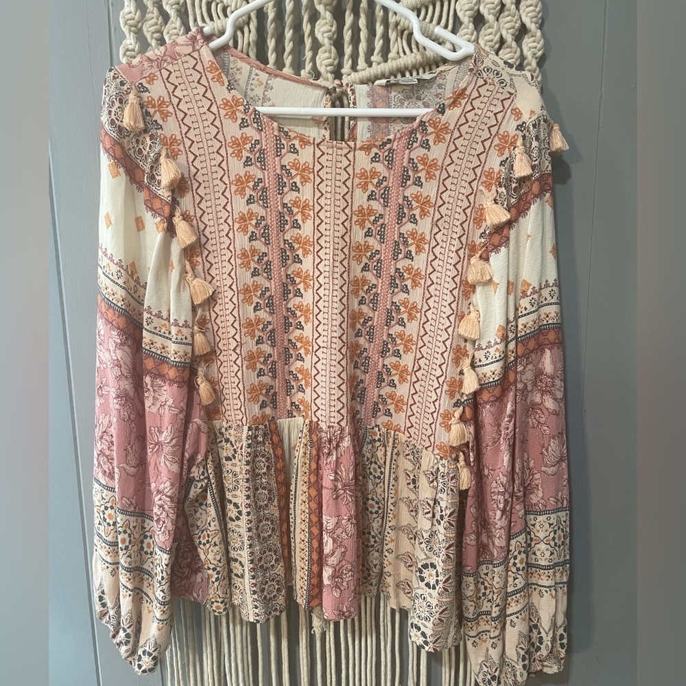 American Eagle, size medium, pink/orange/blue/cream with tassels blouse, good